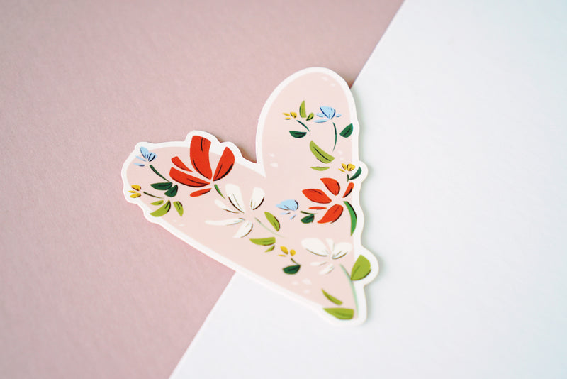 Floral Pink Heart Vinyl Matte Large Sticker