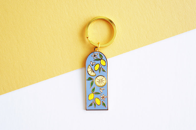 Cloud Blue Lemon Pattern Hard Enamel Gold Keychain