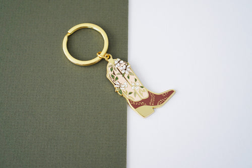 Floral Cowboy Boot Hard Enamel Gold Keychain