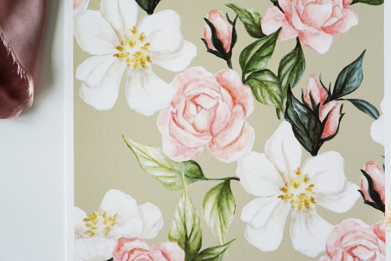 Roses and Poppy Flowers - Sage Pattern