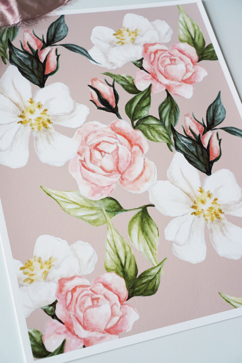 Roses and Poppy Flowers - Mauve Pattern