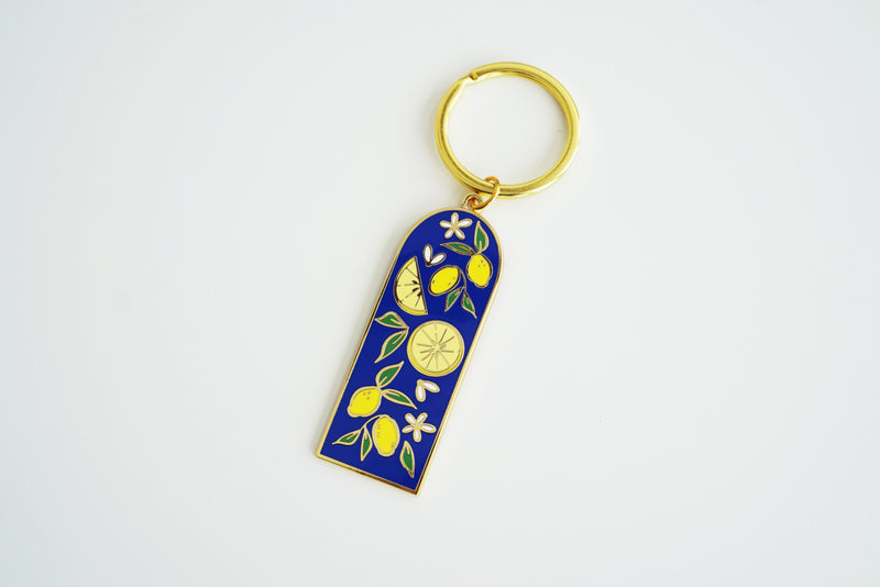 Blue Lemon Pattern Hard Enamel Gold Keychain