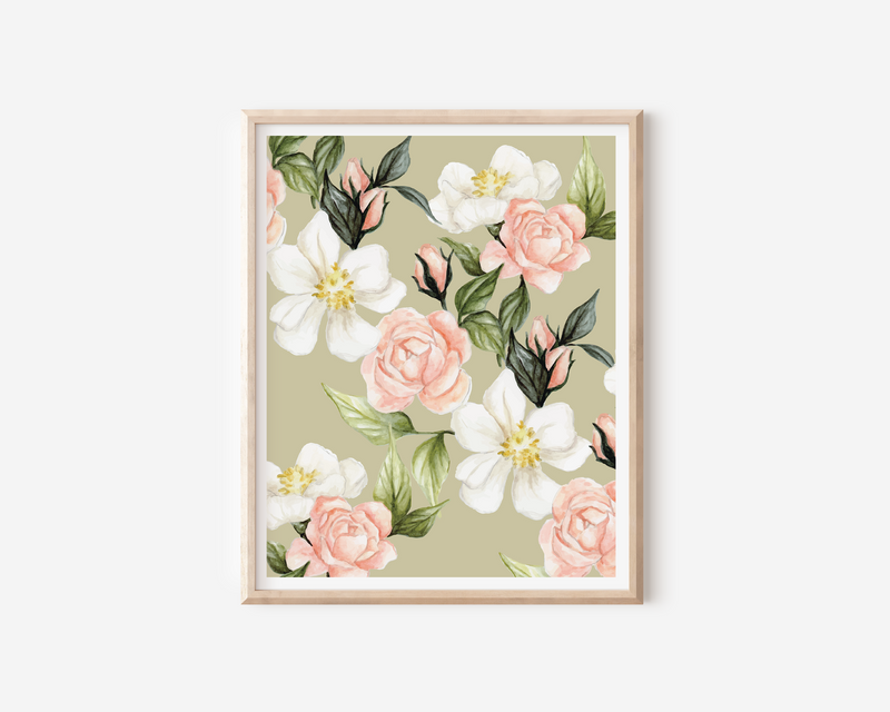 Roses and Poppy Flowers - Sage Pattern